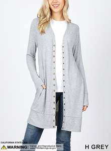 Thigh Length Snap Button Cardigan w Ribbed Detail