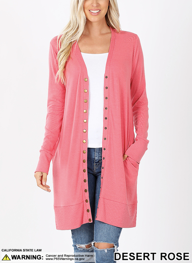 Thigh Length Snap Button Cardigan w Ribbed Detail