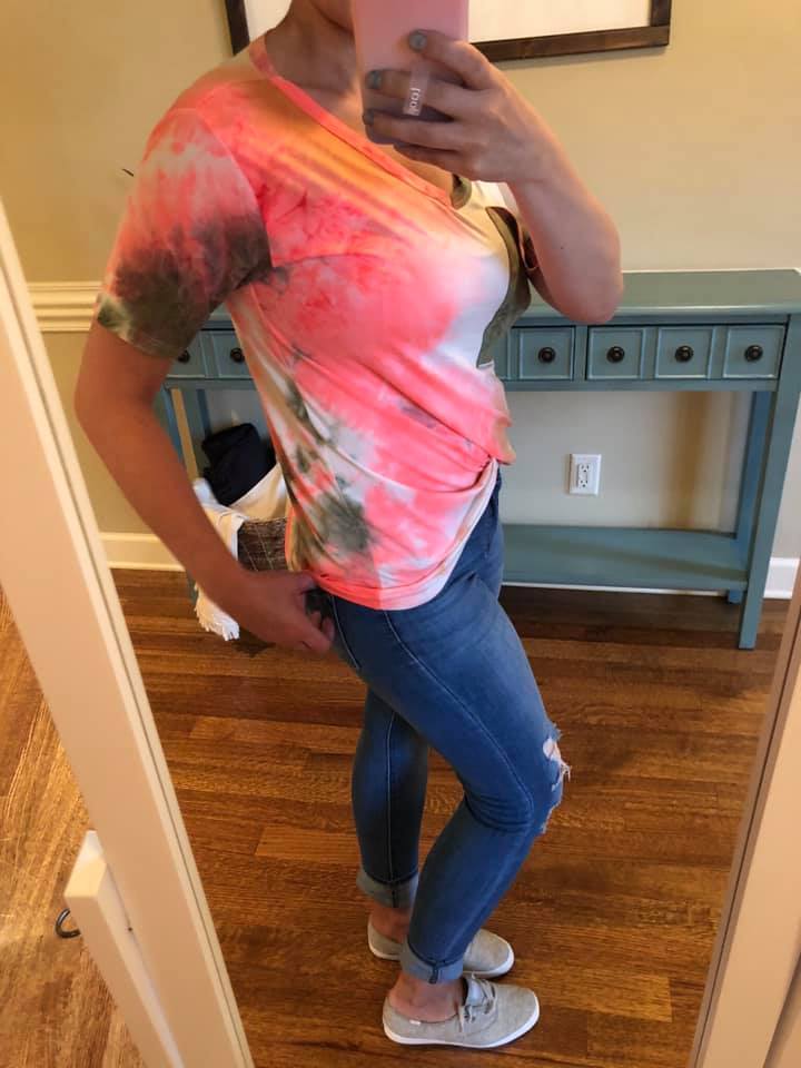 Hot Coral and Olive Tie Dye Slouchy Pocket Tee