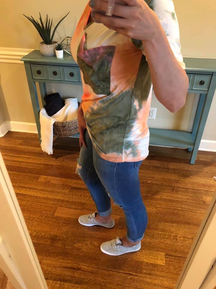 Hot Coral and Olive Tie Dye Slouchy Pocket Tee