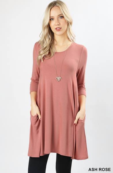 Rayon 3/4 sleeve round hem a-line dress with side pockets