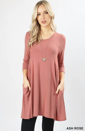 Rayon 3/4 sleeve round hem a-line dress with side pockets