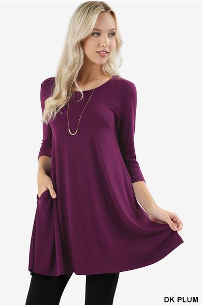 Rayon 3/4 sleeve round hem a-line dress with side pockets